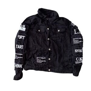 SHEIN Black Denim Jacket Choose To Be Kind Patchwork Graphic Streetwear Mens M